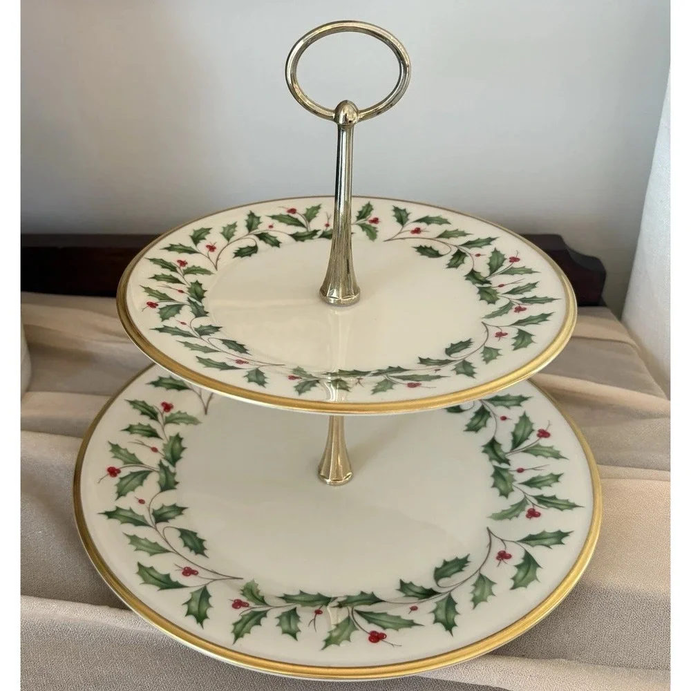 Lenox Holiday 2-Tier Server Holly & Berries 24K Gold Trim Porcelain Vintage